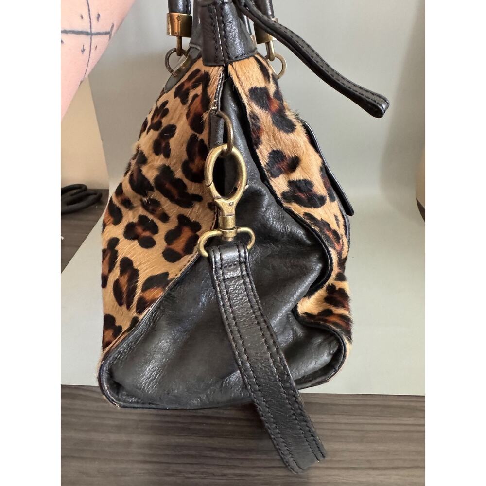 Vintage 90s Nordstrom Leopard Calf Hair & Leather Satchel Bag – Turn Lock Black - Picture 7 of 13